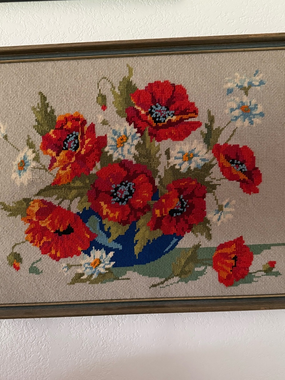 Vintage Framed Red Poppy Floral Needlepoint Wall Art